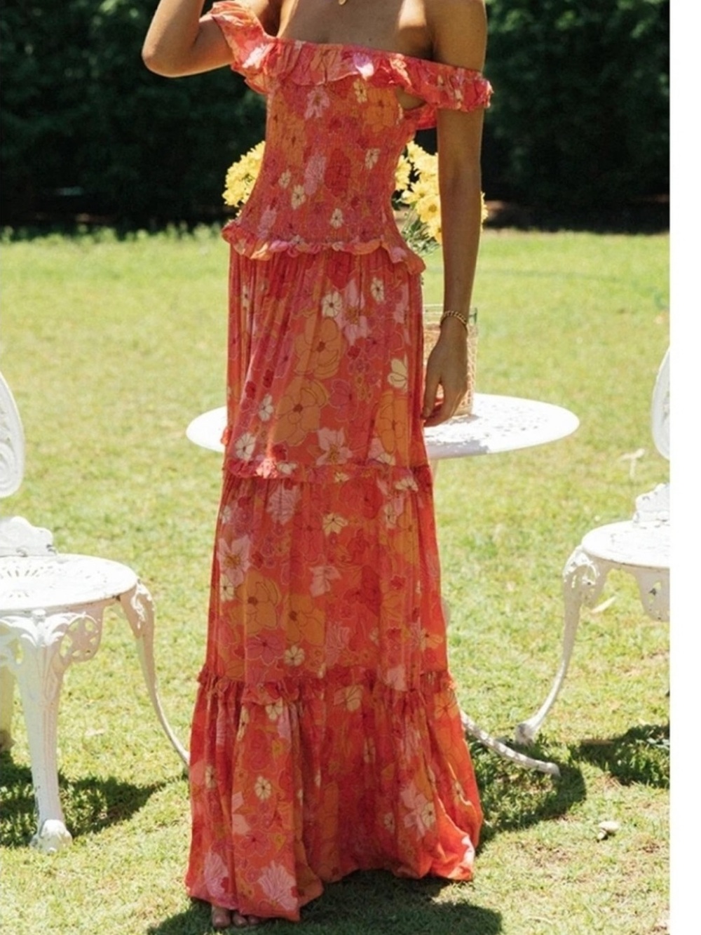Abel the Label Anthropologie Floral Ruffle Off-Shoulder Maxi Dress in Light Blue